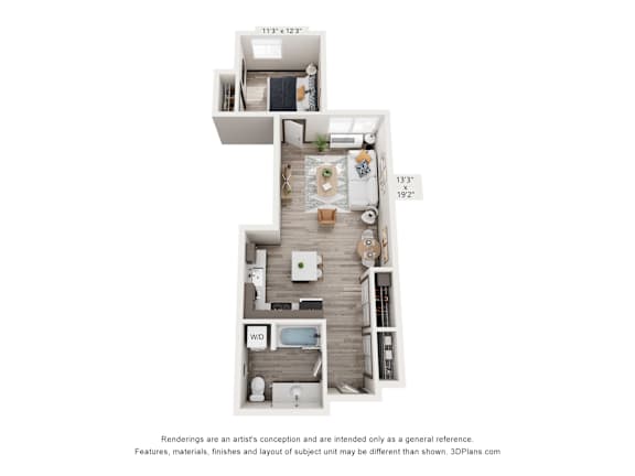 A 3D floor plan of a small apartment with a kitchen, living room, and bathroom.
