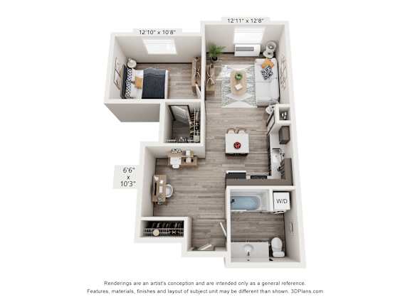 A 3D floor plan of a small apartment with a kitchen, living room, and bathroom.
