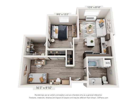 A 3D floor plan of a small apartment with a kitchen, living room, and bedroom.