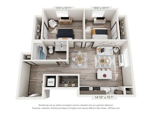 A 3D floor plan of a small apartment with a kitchen, living room, and bedroom.