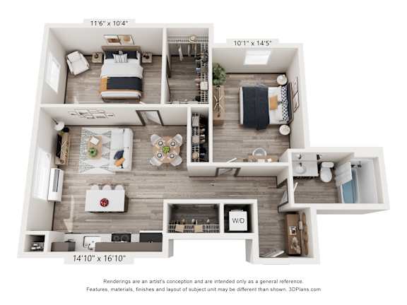 A floor plan of a two-bedroom apartment with a living room, kitchen, and bathroom.