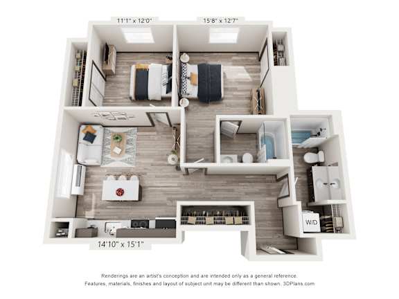 A 3D floor plan of a small apartment with a kitchen, living room, and bedroom.