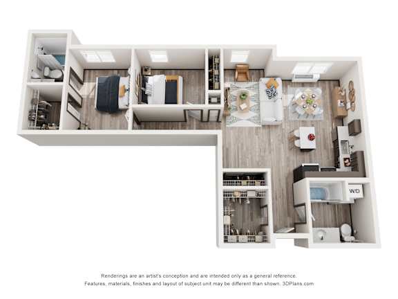 A 3D floor plan of a small apartment with a kitchen, living room, and bathroom.