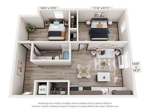 A 3D floor plan of a small apartment with a living room, kitchen, and two bedrooms.