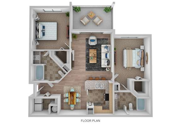 A floor plan of a small apartment with a living room, kitchen, and two bedrooms.