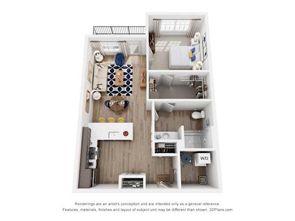 A 3D floor plan of a small apartment with a kitchen, living room, and bathroom.
