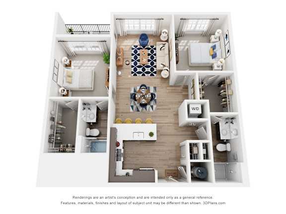 A 3D floor plan of a house with a kitchen, living room, and two bedrooms.