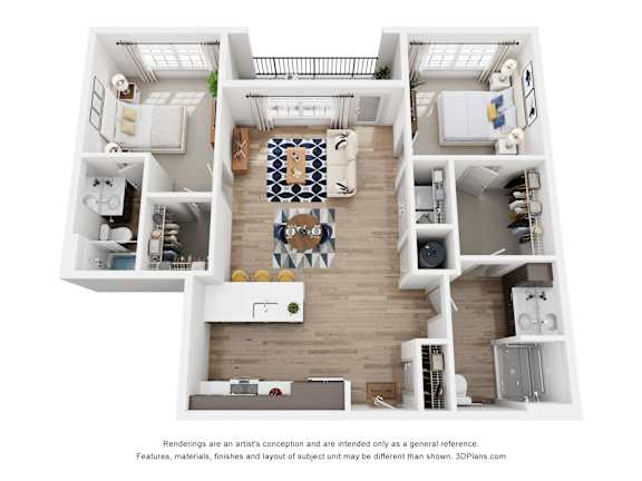 A 3D floor plan of a house with a kitchen, living room, and bedrooms.