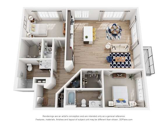 A 3D floor plan of a house with a kitchen, living room, and bedrooms.