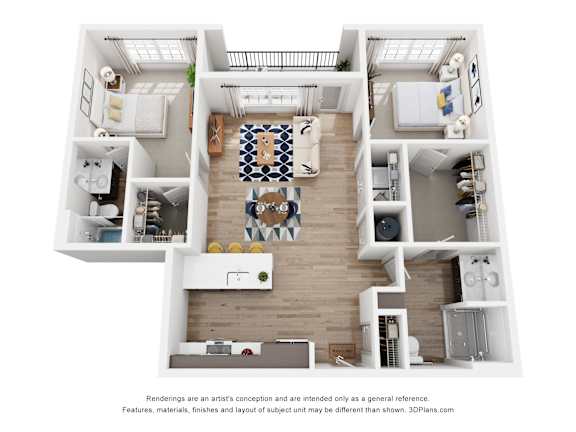 A 3D floor plan of a house with a kitchen, living room, and bedrooms.