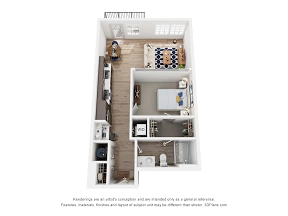 A 3D floor plan of a small apartment with a kitchen, living room, and bathroom.