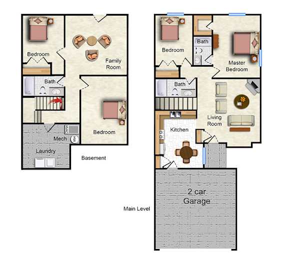 A floor plan of a house with two garages.