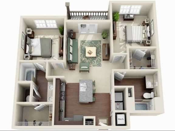 A 3D floor plan of a house with a living room, kitchen, dining room, and bedrooms.