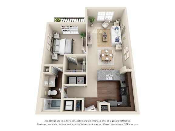 A 3D floor plan of a small apartment with a kitchen, living room, and bedrooms.