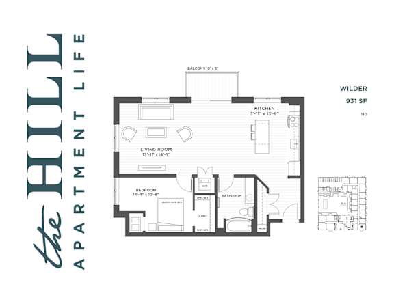 A 1 bedroom floor plan at 931 sq ft