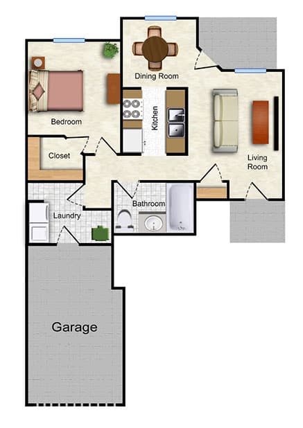 A floor plan of a house with a garage at the bottom.