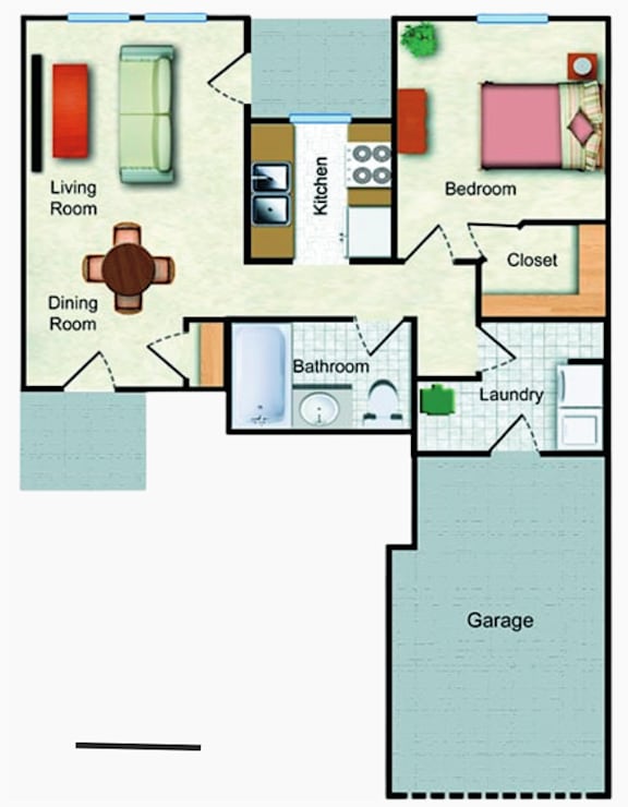 A floor plan of a house with a living room, dining room, kitchen, bedroom, bathroom, closet, laundry, and garage.