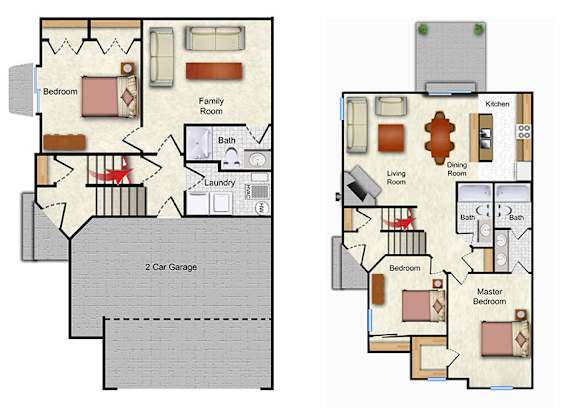 A floor plan of a house with two garages.
