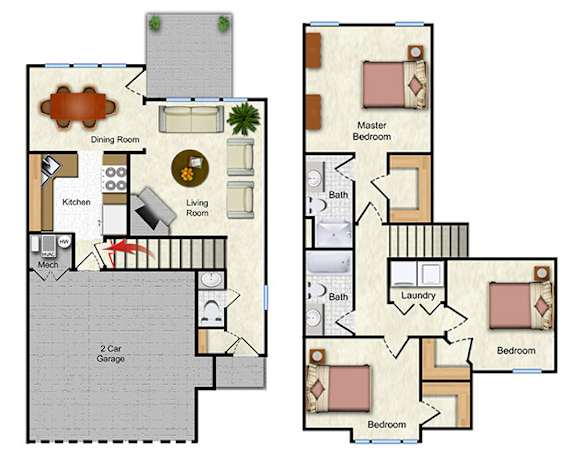 A floor plan of a house with two garages and a laundry room.