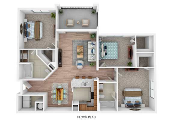A floor plan of a house with a living room, kitchen, dining room, and bedrooms.