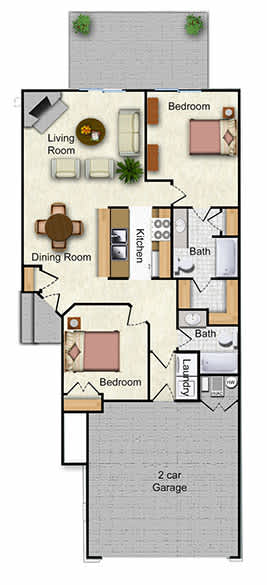 A floor plan of a house with a living room, dining room, kitchen, two bedrooms, a bathroom, and a 2 car garage.