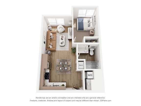 A 3D floor plan of a small apartment with a kitchen, living room, and bathroom.