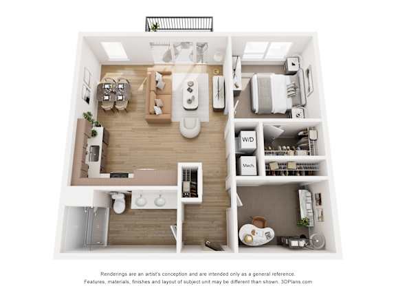 A 3D floor plan of a small apartment with a kitchen, living room, and bathroom.