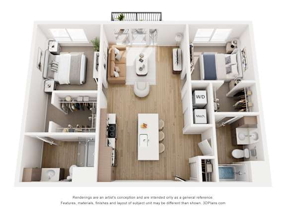 A 3D floor plan of a small apartment with a kitchen, living room, and bathroom.
