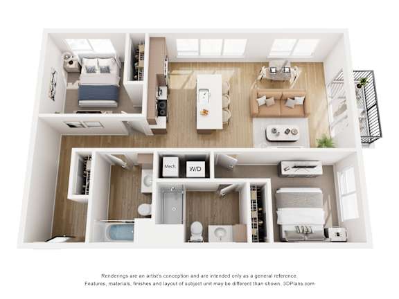 A 3D floor plan of a house with a kitchen, living room, and bathrooms.