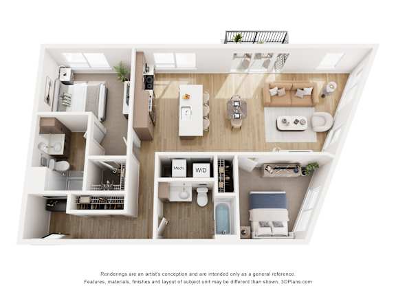 A 3D floor plan of a small apartment with a kitchen, living room, and bathroom.