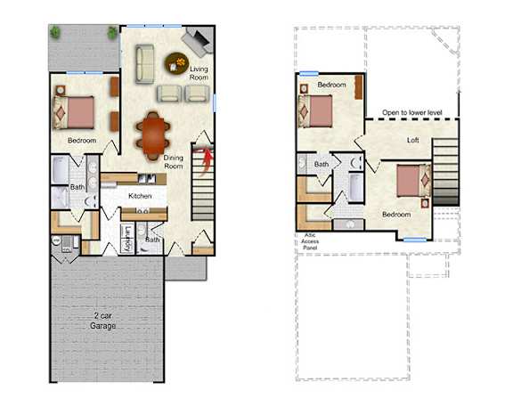 A floor plan of a house with two bedrooms, a living room, a dining room, a kitchen, a bathroom, and a 2 car garage.