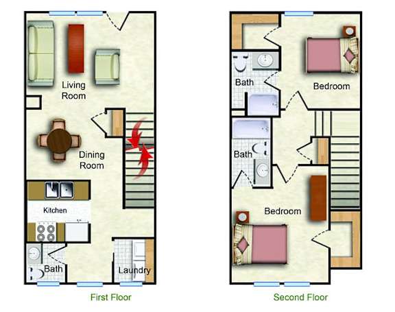 A diagram of a two-story house with labeled rooms.