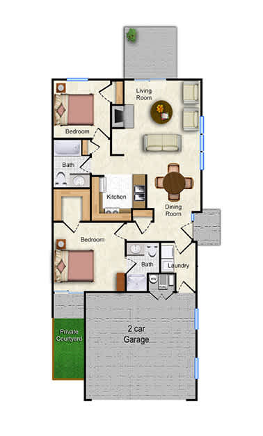 A floor plan of a house with two bedrooms, a living room, a kitchen, a dining room, a laundry room, a private courtyard, and a 2 car garage.