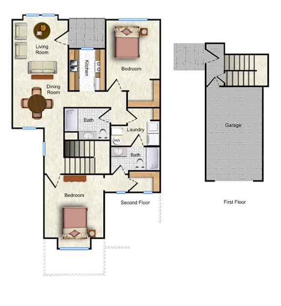 A floor plan of a two-story house with a living room, dining room, kitchen, two bedrooms, a bathroom, a laundry room, and a garage.