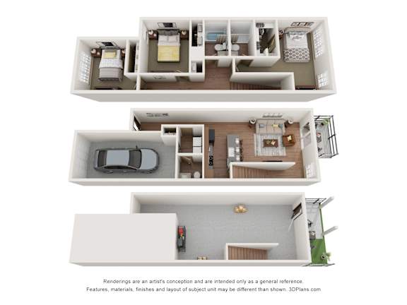 A 3D floor plan of a house with a kitchen, living room, and bedrooms.