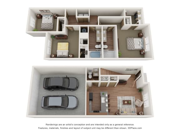 a stylized view of a 1 bedroom floor plan with a car and a balcony