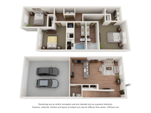 a stylized image of a 1 bedroom floor plan and a 2100 sq ft apartment