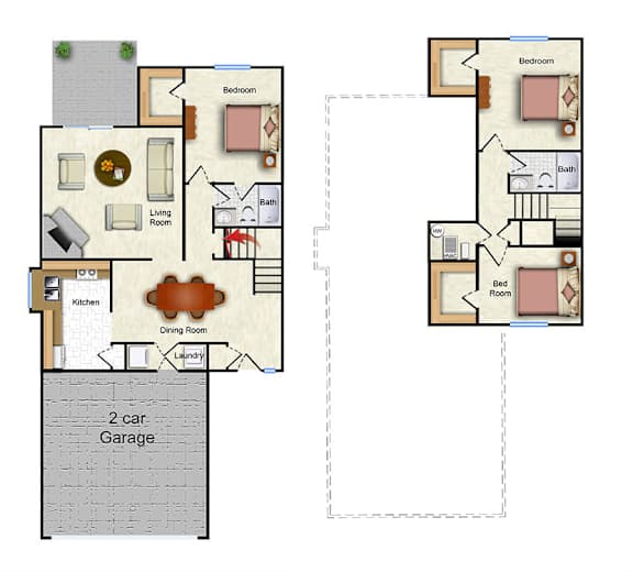 A floor plan of a house with two bedrooms, a living room, a kitchen, a dining room, a laundry room, a 2 car garage, a bath, and a backyard.