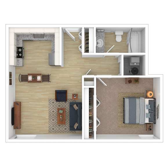 a stylized floor plan with a bedroom and living room