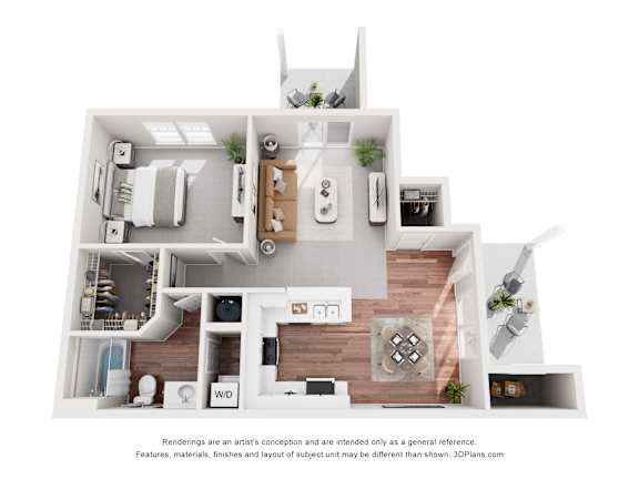 A 3D floor plan of a house with a kitchen, living room, and bathroom.
