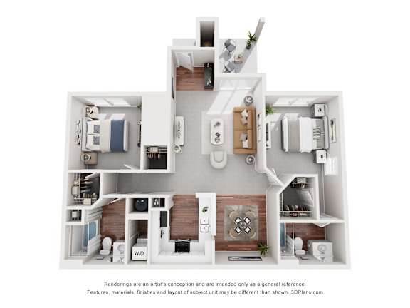 A 3D floor plan of a house with labeled rooms.