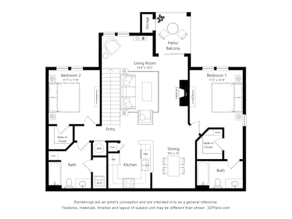 A black and white floor plan of a two bedroom apartment.