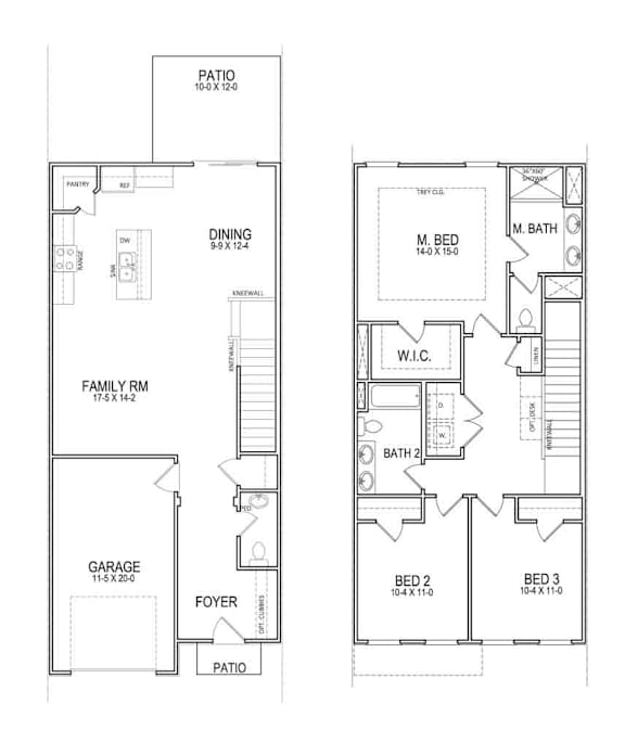 A floor plan of a house with a garage, two bedrooms, a living room, a dining room, a kitchen, a foyer, and a patio.