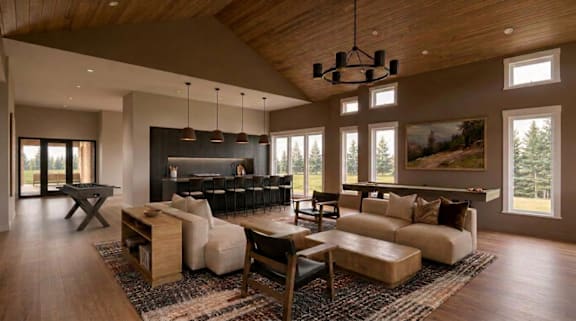 A modern living room with a wooden ceiling and a large sectional sofa.