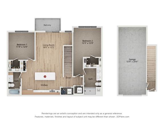 A floor plan of a house with two bedrooms, a living room, a kitchen, a bathroom, a balcony, and a garage.