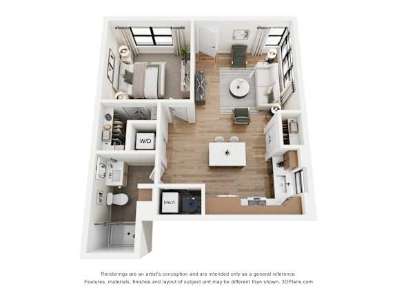 A 3D floor plan of a small apartment with a kitchen, living room, and bathroom.