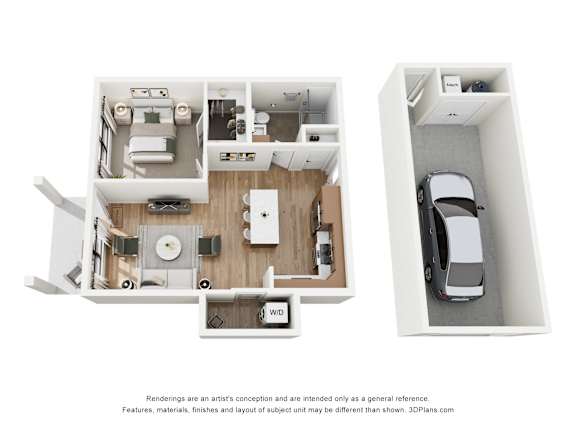 A 3D floor plan of a small apartment with a kitchen, living room, and bedroom.