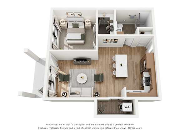 A 3D floor plan of a house with a kitchen, living room, and bathroom.