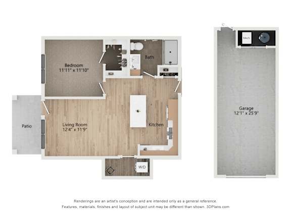 A floor plan of a house with a bedroom, living room, kitchen, and garage.
