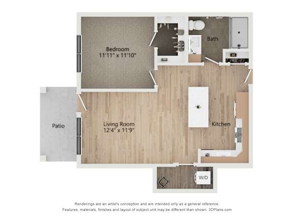 A floor plan of a house with a bedroom, living room, kitchen, bath, and patio.